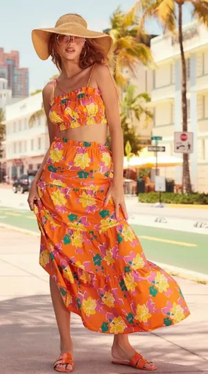 Lulus 100% Cotton‎ Maxi Skirt M Orange Floral Tiered High Waist Boho Summer thumbnail 1