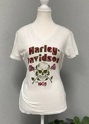 Harley Davidson White Vneck Tee Shirt Skulls Burgundy Red Roses Spellout thumbnail 1