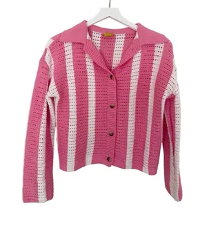 Daisy Crochet Knit Collared Striped Button Down Sweater Cardigan Size Large thumbnail 1