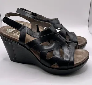 Dansko Felicia black leather wedge sandals, stylish strappy cut-out upper 39 thumbnail 1
