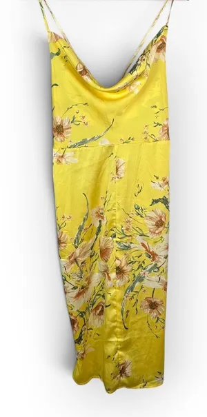 Boohoo NWT Womens 12 Yellow Satin Floral Cowl Neck Slip Maxi Dress Flute Hem thumbnail 1
