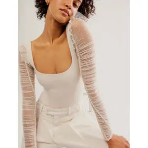 Free People Must Be Love Bodysuit Cream Ruched Mesh Sleeve‎ Romantic Medium New thumbnail 2