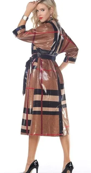 Plaid Belted Utility Trench Coat in Brown and Black thumbnail 1
