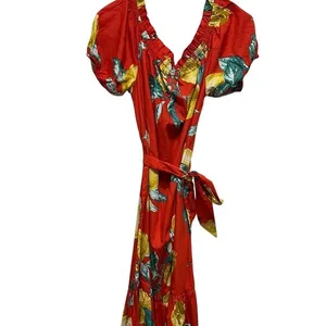 Flying Tomato Red Lemon Print Off Shoulder‎ Cotton Midi Dress thumbnail 2