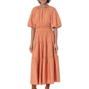 MOON RIVER  Puff Sleeve Back Cutout Midi Dress Rust Size Small NWT thumbnail 2