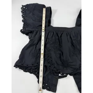 American Eagle Black Eyelet Embroidered Tie Back Crop Top Small Square Neck Puff thumbnail 7