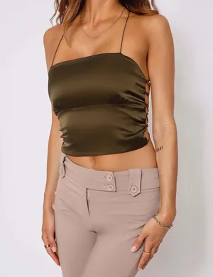 Tiger Mist Khaki Satin Jules Strappy Tube Crop Top thumbnail 8