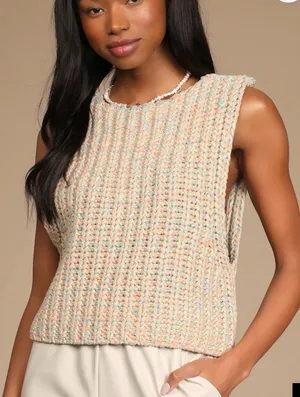 Free people Hoopla Cream Multi Knit V-Back Sweater Vest thumbnail 1