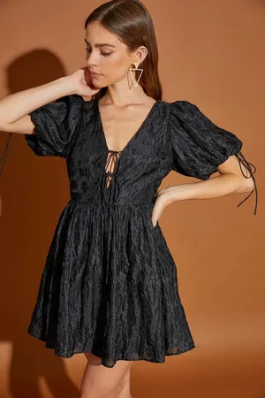 Mustard Seed Tie Front Puff Sleeve Floral Jacquard Dress thumbnail 1