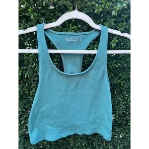 Abercrombie & Fitch Soft A&F Ribbed Racerback Crop‎ Tank Top Teal Blue Medium thumbnail 4