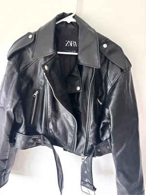 Zara Black Vegan Faux Leather Cropped Biker Moto Jacket Belted thumbnail 12