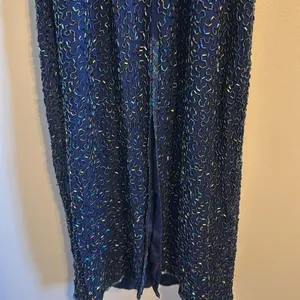 Vtg Laurence Kazar Halter Beaded embellished silk formal gown dress blue gold‎ L thumbnail 10
