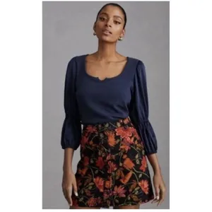 Anthropologie Maeve Blue‎ Ribbed Satin Tiered Balloon Sleeve Cropped Top Size S thumbnail 2