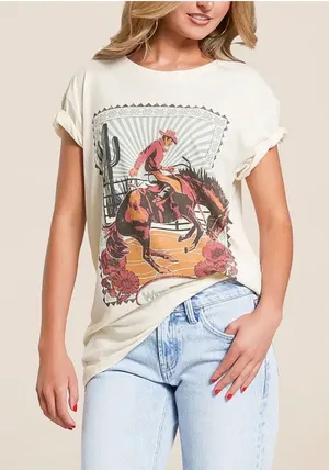 Wrangler Retro Western Rodeo Cowboy Bronco Graphic Boyfriend Fit Tee NWT M thumbnail 1