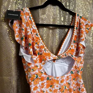 Aidonger‎ Orange Green Floral Ruched One Piece Swimsuit Large NWT thumbnail 5