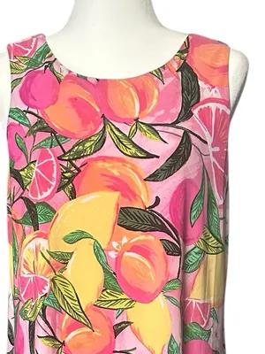 Pappagallo Gwen Peachy Keen Vibrant Summer Pink Tropical Fruit Swing Dress L thumbnail 6