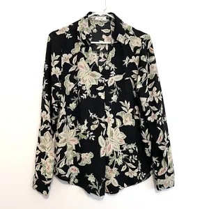 MAURICES Atwood Pleated Floral Blouse Black Cream Beige Long Sleeve Work Office thumbnail 2