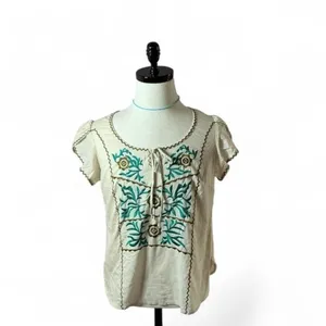 Willow & Clay Embroidered Bohemian Top Short Sleeve Blouse Cream Green Size M‎ thumbnail 2