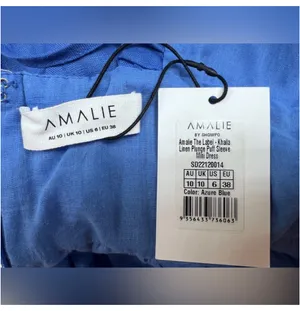 Amalie - linen plunge puff sleeve mini linen dress in blue thumbnail 6