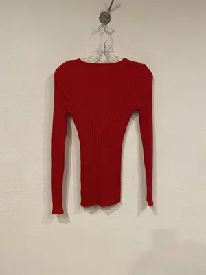 COMMENSE Cardigan Sweater Womens Small Red Ribbed V Neck Button Front Knit Top thumbnail 4