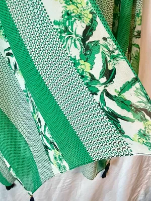 Kimono Cover Up - Open Cardigan ~ One Size ~ Green White Floral ~ Tassel Trim thumbnail 2