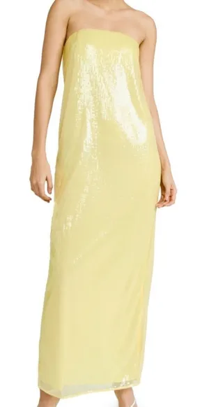 Staud yellow sequined gown wedding guest strapless party event Casey dress sz 16 thumbnail 1
