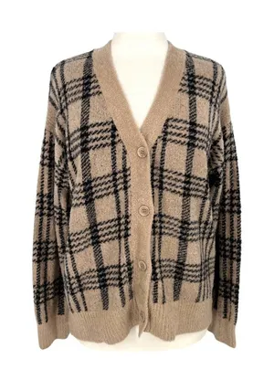 Joie Plaid Cardigan V-Neck Sweater Beige Black Size Large Preppy Grandpacore thumbnail 1