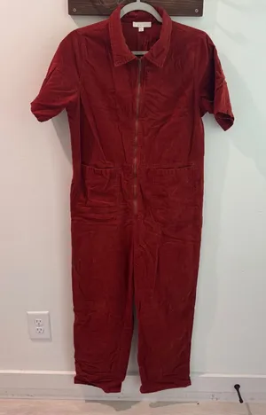 All Row Rust Red Corduroy Utility Jumpsuit Short Sleeve Zip Front PM1070 Large thumbnail 1