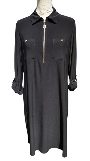 Anne Klein Midi Dress Gold Zip Front Pockets Long‎ Sleeve Black Size 8 thumbnail 1