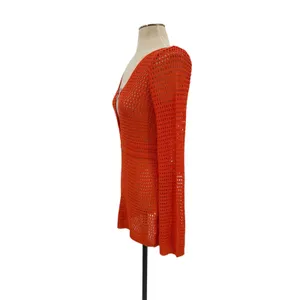 Peppermayo Sunriser Crochet Mini Dress Red Orange Cutout Ring Long Sleeve S/M thumbnail 4