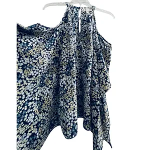 Michael Kors‎ Floral Cold Shoulder Chain Halter Neck Blouse Navy Blue Cream L thumbnail 3