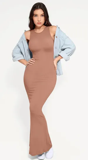 Sleeveless Ribbed Maxi Dress in Mocha Brown thumbnail 1