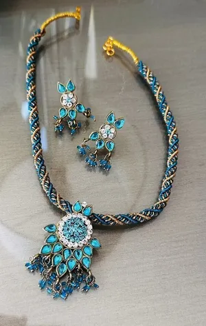 Ethnic Indian Necklace & Earrings Set – Turquoise Crystal Design thumbnail 1