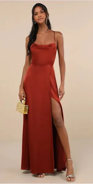 Lulus Rust Orange Satin Silky Lace-Up Backless Maxi Dress thumbnail 1