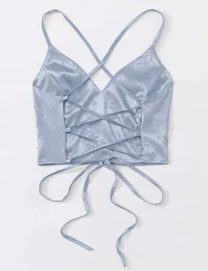 Romwe Satin Lace up Crop Top thumbnail 2