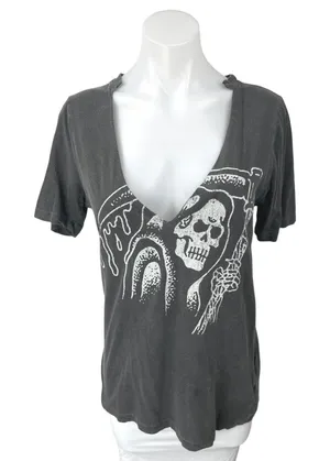 Truly Madly Deeply Fear No Evil Black Skull Print V-Neck Tee T-Shirt Top Size S thumbnail 1