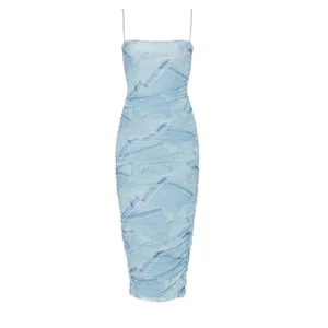 Good American Midi Blue Dress Ruched Mesh Tank Cocktail Size 1 US‎ Small thumbnail 3