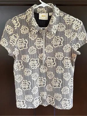Anthropologie Maeve Floral Jacquard Zip Neck Polo Top Black Cream Size XS thumbnail 5