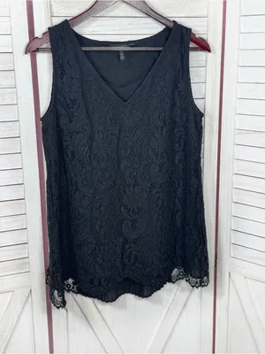 WHBM‎ Lace Front Pleated Chiffon Back Sleeveless Tank Top Black XS Coquette Goth thumbnail 7