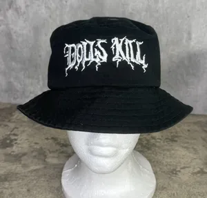Dolls Kill Bucket‎ Hat Black White OSFM Embroidered Grunge Goth Emo thumbnail 1
