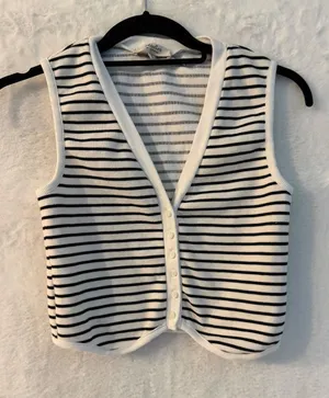 Atelier by Kirious Striped Knit Sweater Vest Black‎ White Button Front Small thumbnail 1