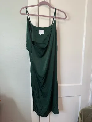 J.O.A. Dark Green Satin Wrap Dress thumbnail 2