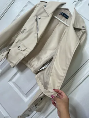 Zara Faux Leather Moto Jacket Biker Belted Streetwear Cream Ivory Size S thumbnail 7