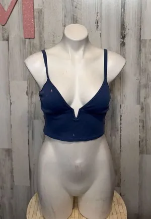 Blue Ribbed Lace Back Bralette Crop Top Medium Blue thumbnail 1