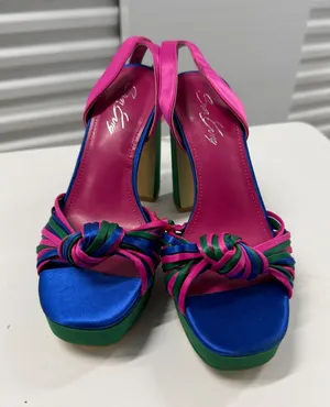 Shoe Envy Multi-Color Satin Platform Block Heels Pink Blue Green Size 6.5‎ thumbnail 1