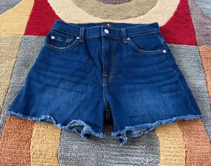 7 For All Mankind Blue Denim Jean Shorts Frayed Hem High Raise Size 27 Waist thumbnail 1