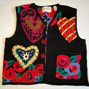 Vintage Lisa Nichols Marisa Christina Heart Rose Knit Sweater Vest Medium Art to thumbnail 1