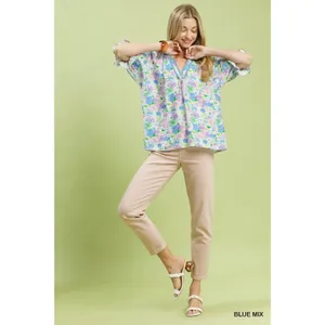 Umgee Mix Floral Print Ruffle Top - Blue mix -‎ Small thumbnail 6