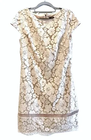 Vince Camuto Lace Sheath Dress Ivory Excellent Floral Cap Sleeve‎ Women Size 8 thumbnail 1