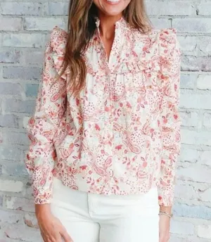 Pinch Floral Paisley Print Ruffle Long Sleeve Blouse Large NWT NEW thumbnail 9